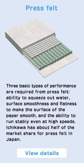 Press felt Three basic types of performance are required from press felt: ability to squeeze out water, surface smoothness and flatness to make the surface of the paper smooth, and the ability to run stably even at high speeds. Ichikawa has about half of the market share for press felt in Japan. View details